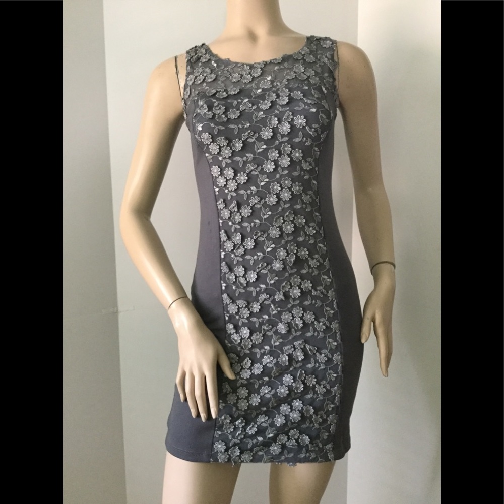 C.W. Designs Gray with Flower Appliqué Dress